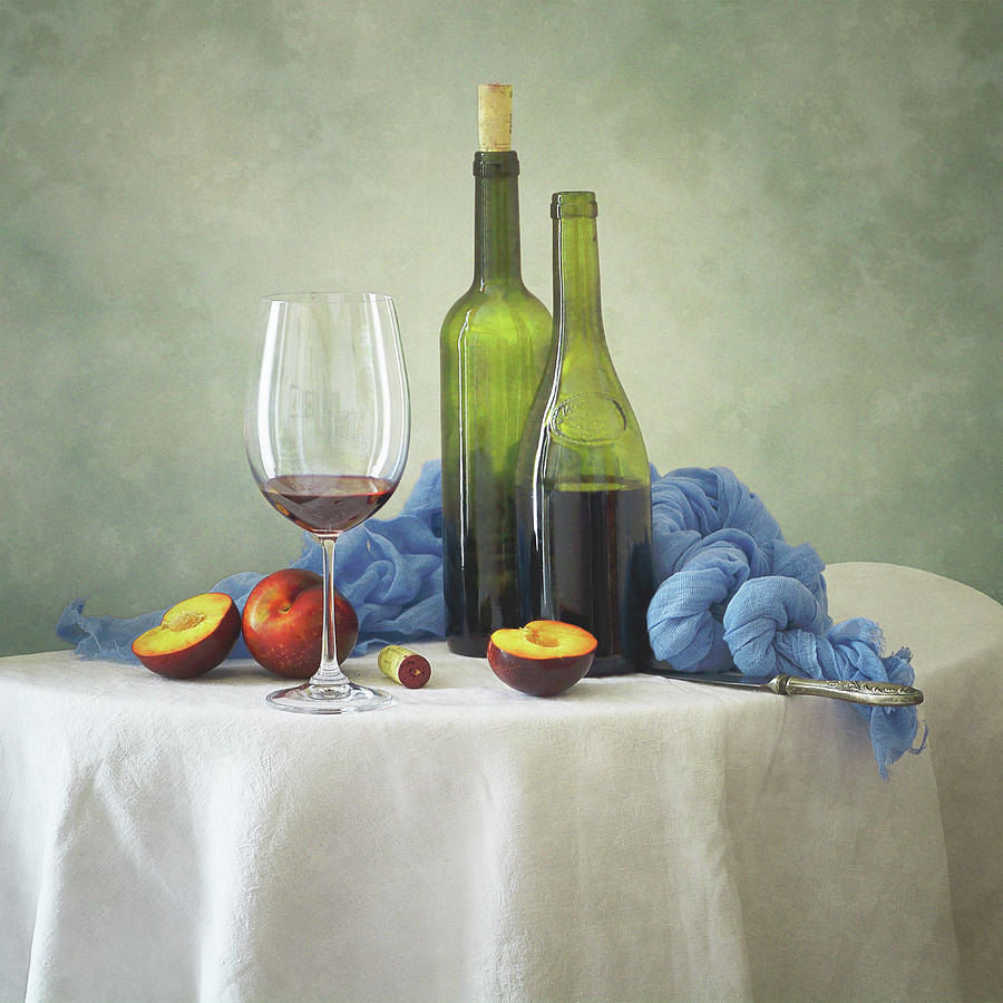 Still Life Photograph - Two Bottles and Plums by Nikolay Panov