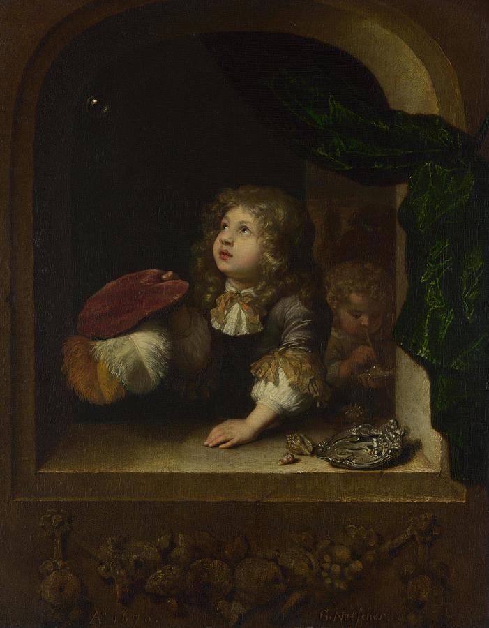Two Boys Blowing Bubbles #1 Painting by Caspar Netscher