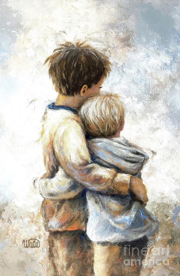 Two Brothers Hugging Brunette Blond Painting by Vickie Wade