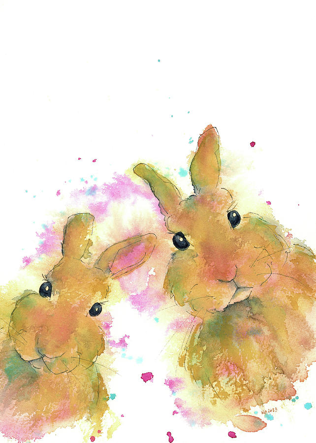Two bunnies Painting by Karen Kaspar