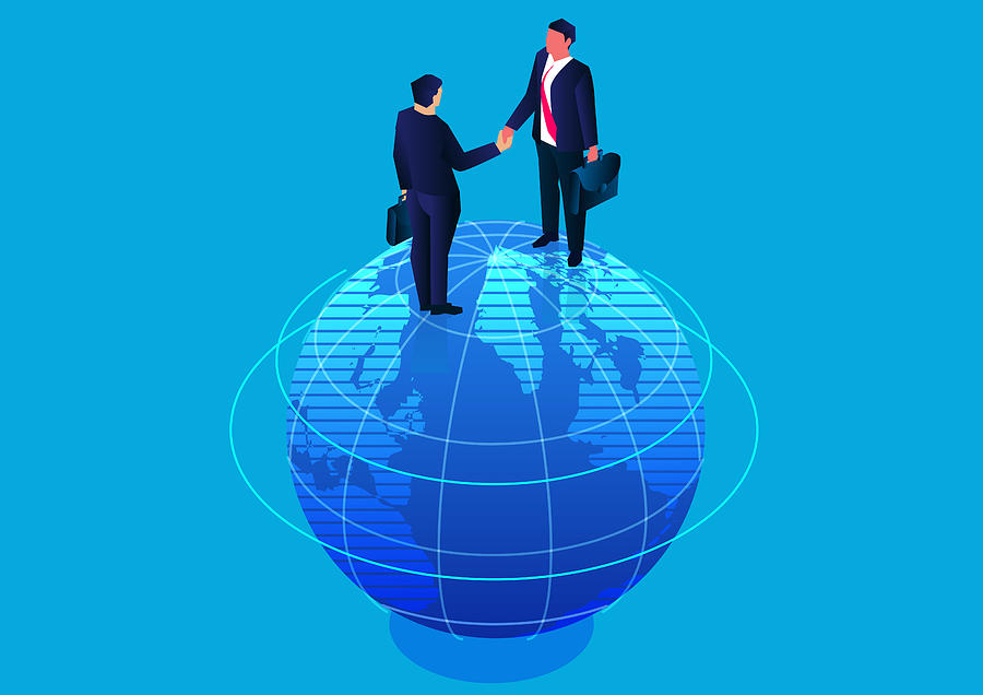 Two businessmen standing on top of the earth shaking hands, global business cooperation Drawing by Sesame