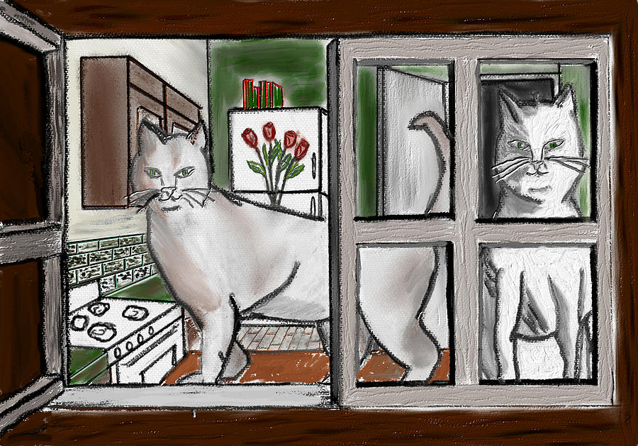 Two Cats looking Out Drawing by Steve Carpentier