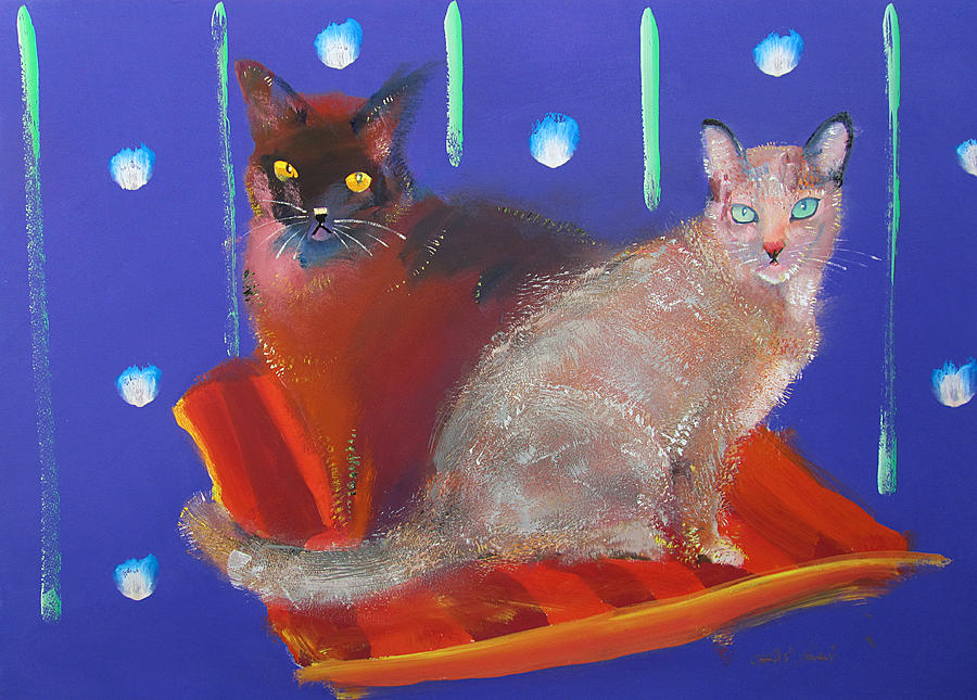 Two Cats On A Cushion Painting by Charles Stuart