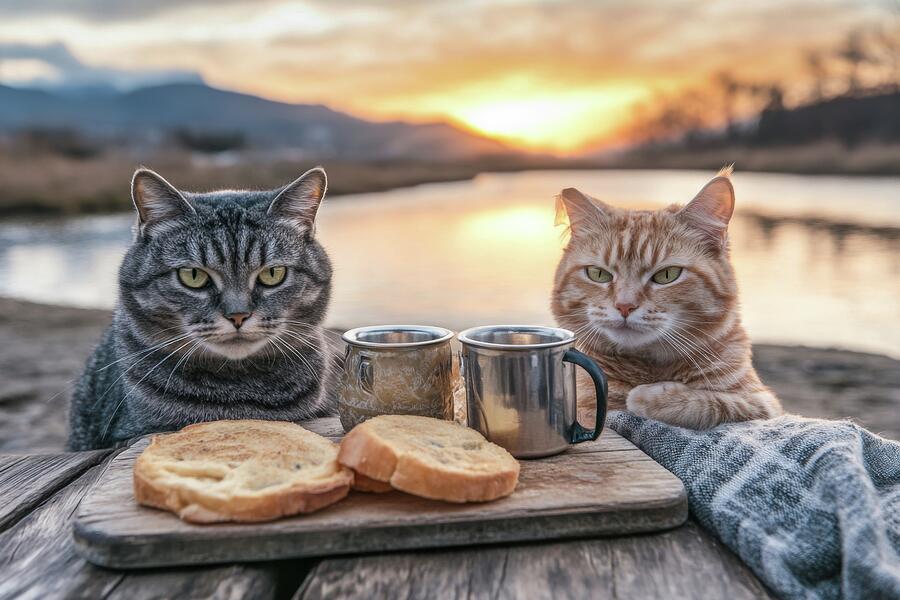 Two Cats sharing a meal Digital Art by Matthias Hauser