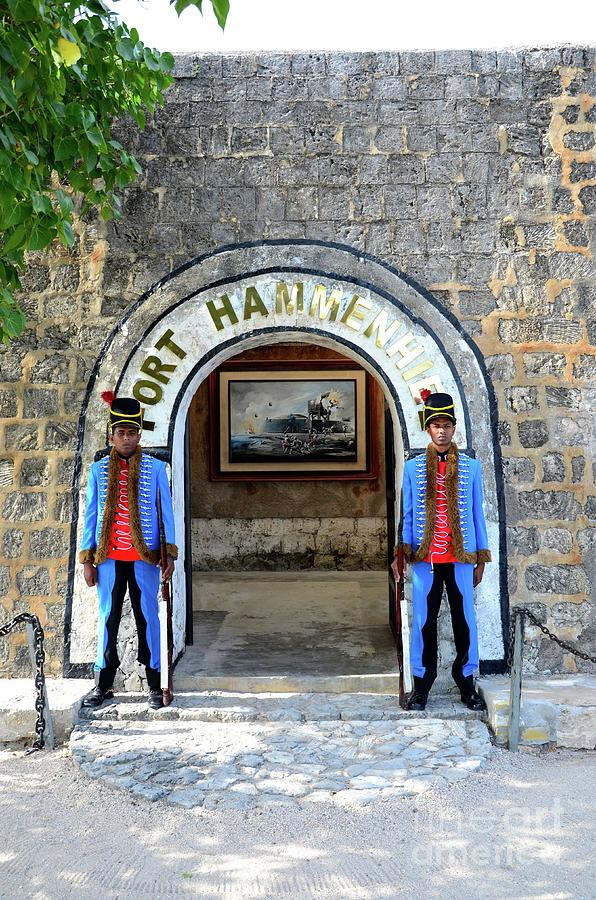 Two ceremonial soldier sentry stand guard at entrance to Fort Hammenhiel hotel Jaffna Sri Lanka Photograph by Imran Ahmed