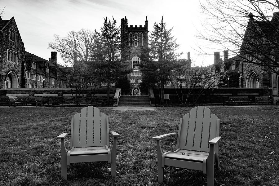 Two chairs at Duke University in black and white Photograph by Eldon McGraw