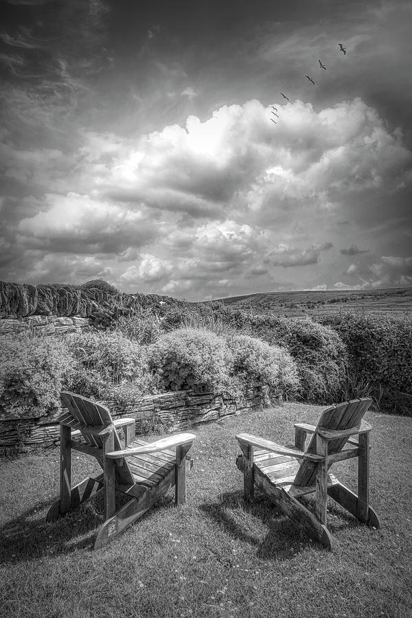 Two Chairs in the Garden in Black and White Photograph by Debra and Dave Vanderlaan