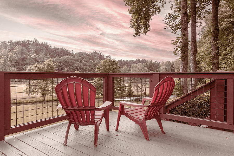 Two Chairs on the Country Cabin Porch Photograph by Debra and Dave Vanderlaan