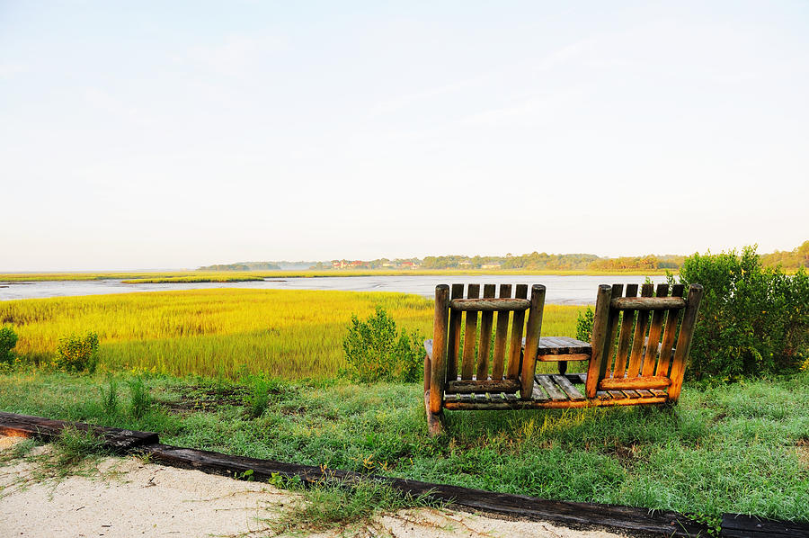Two Chairs Overlooking Amelia Island Florida River Marsh at Dawn Photograph by Purdue9394