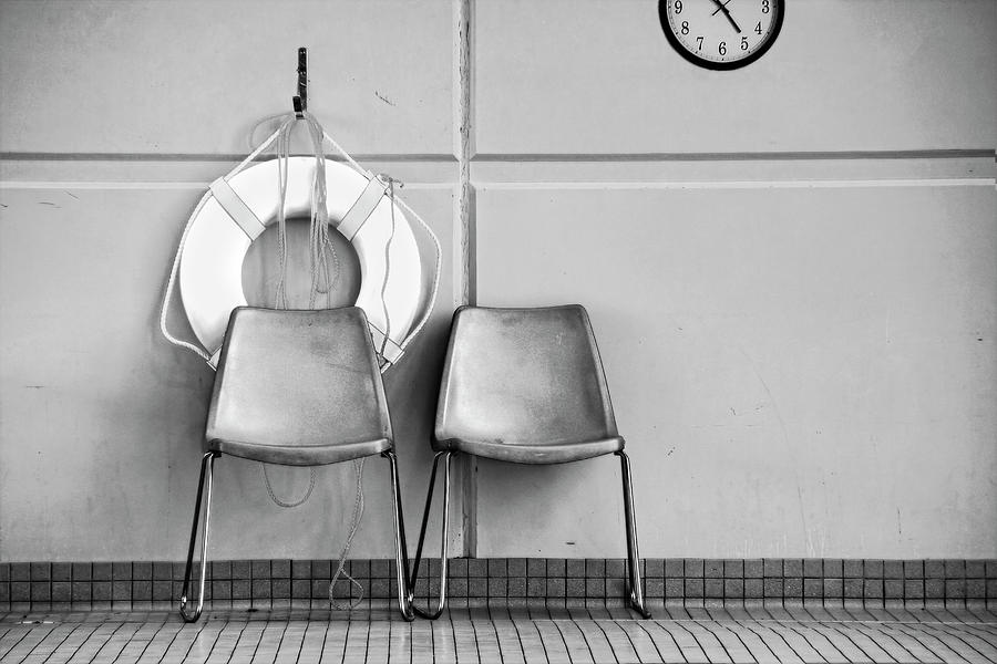 Two Chairs Poolside black and white photograph Photograph by Ann Powell