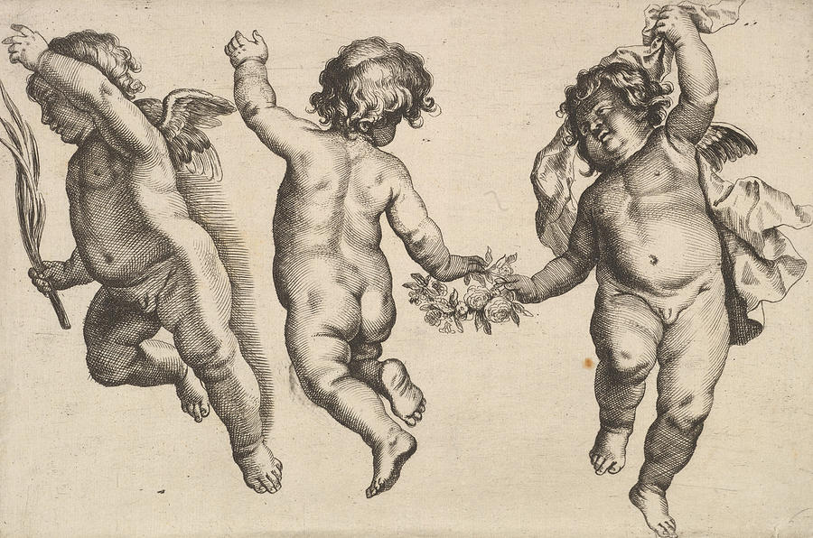 Two Cherubs Dancing with a Small Boy Relief by Wenceslaus Hollar