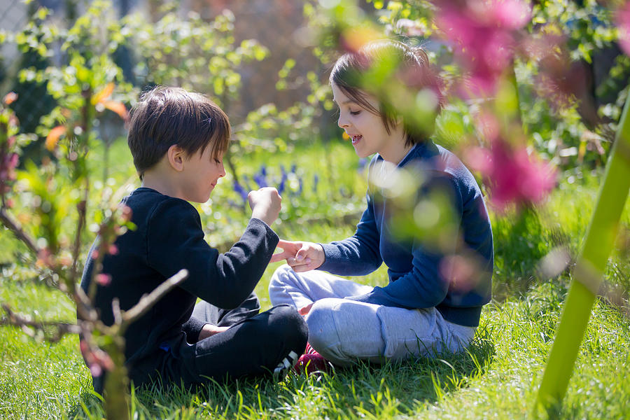 Two children, boy brothers, playing rock scissors paper game in garden Photograph by Tatyana Tomsickova Photography