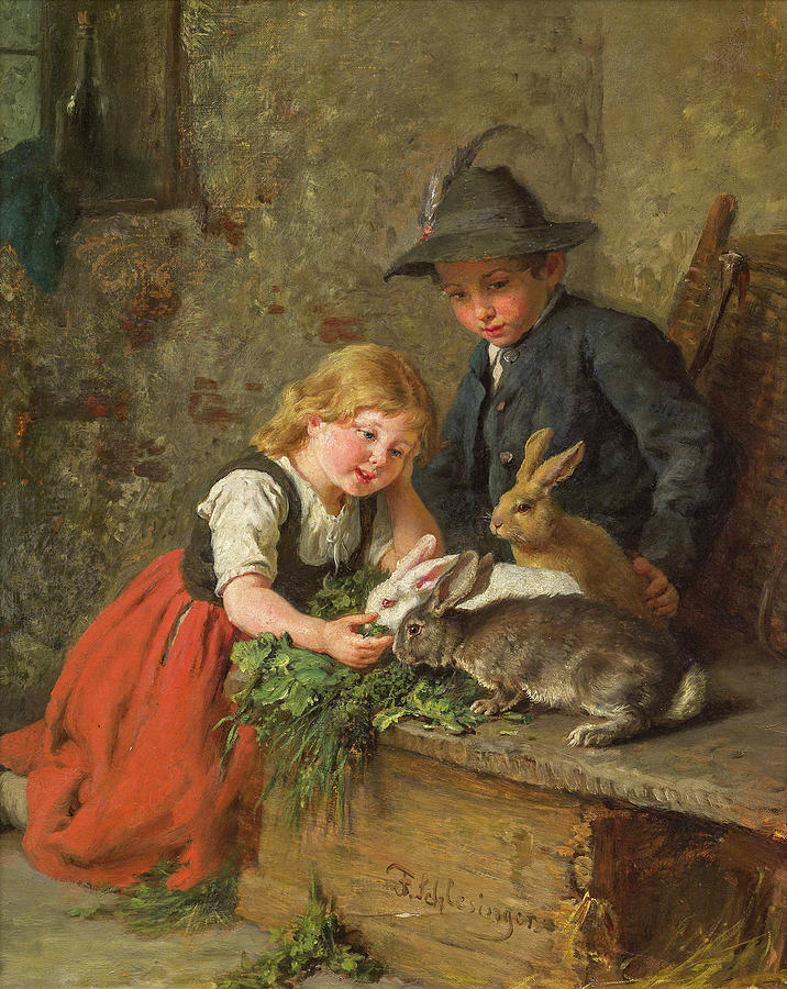 Two children feeding rabbits Painting by Felix Schlesinger