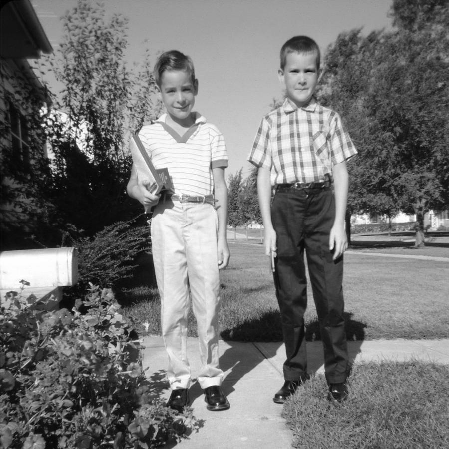 Two Children Ready for School 1959, Retro Photograph by NNehring
