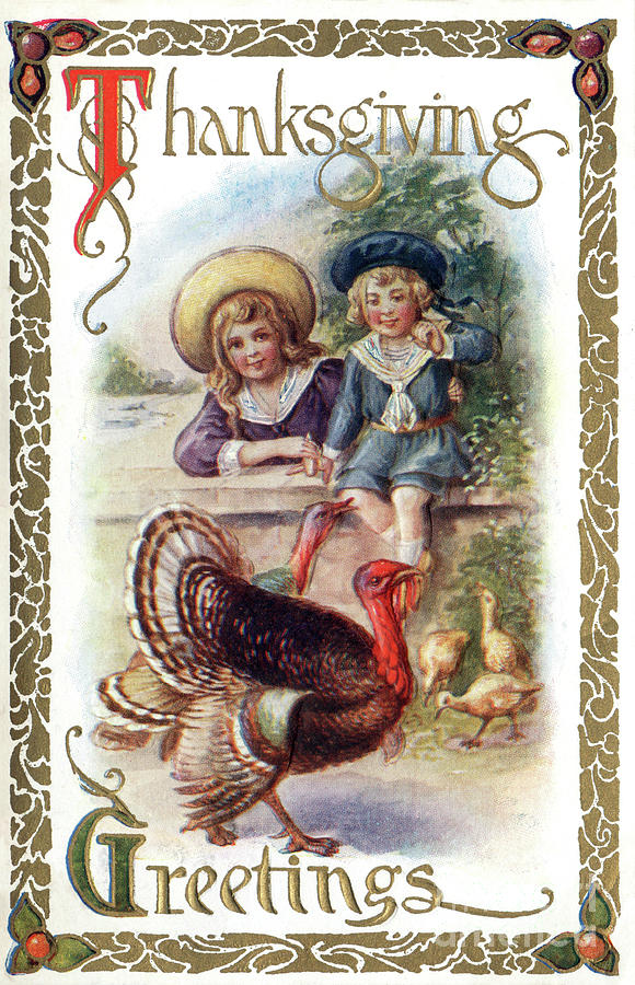Two children sitting at fence watching a turkey. Digital Art by Pete Klinger