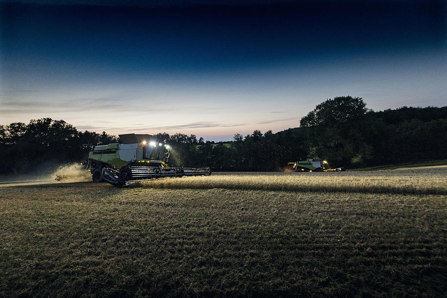 Two Combine Harvesters Harvesting a Field of Organic Rye Late at Night. Photograph by ClarkandCompany