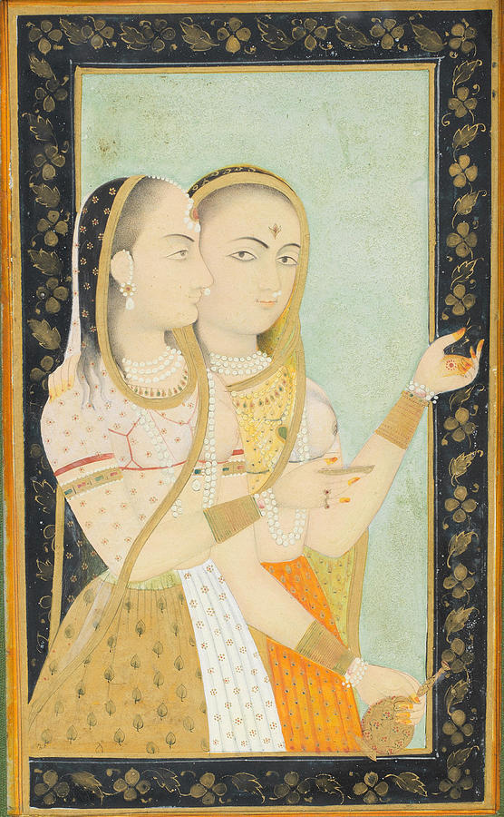 TWO COURTESANS, ONE HOLDING A WINE CUP AND FLASK Mughal, circa 1760 Painting by Artistic Rifki