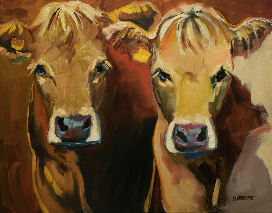 Two Cows Painting by Diane Whitehead