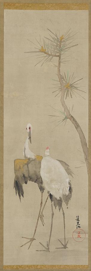 Tree Painting - Two Cranes And A Pine Tree by Unknown