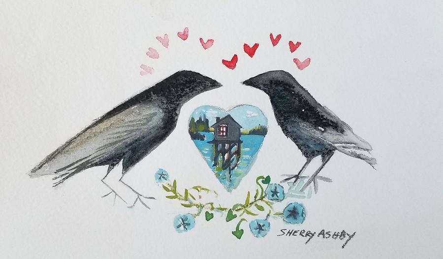 Two Crows and Morning Glories Painting by Sherry Ashby
