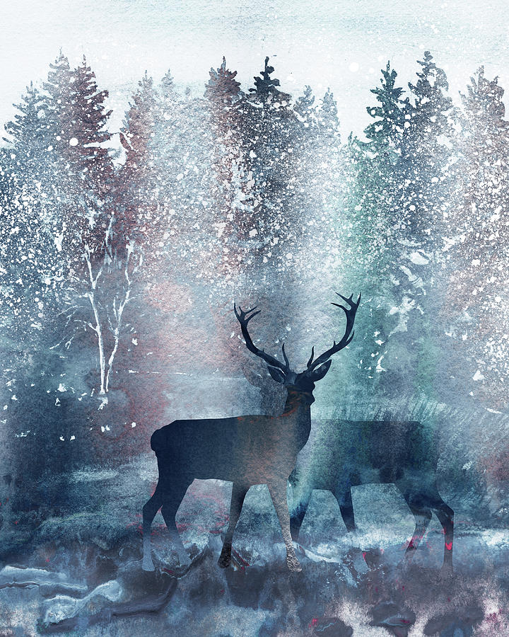 Two Deer Bucks In Winter Tree Forest Watercolor Silhouette Painting