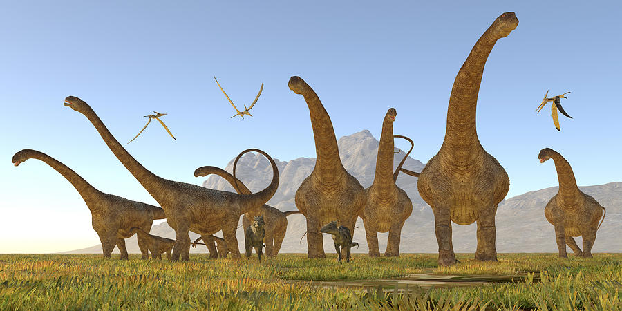 Two Dracorex dinosaurs walk in front of a Malawisaurus herd. Drawing by Corey Ford/Stocktrek Images