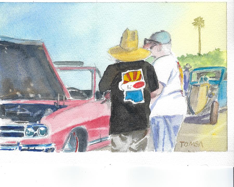 Two Dudes Talking Cars Painting by Bill Tomsa