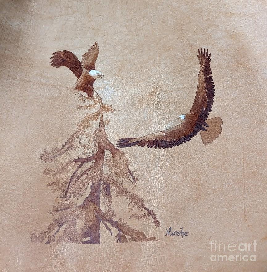 Animal Pyrography - Two Eagles Pyrography on leather  by Marsha Wilson