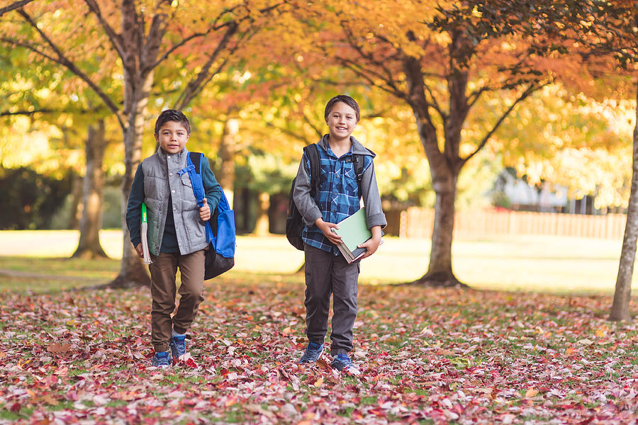Two elementary-age boys walk to school through the park Photograph by FatCamera