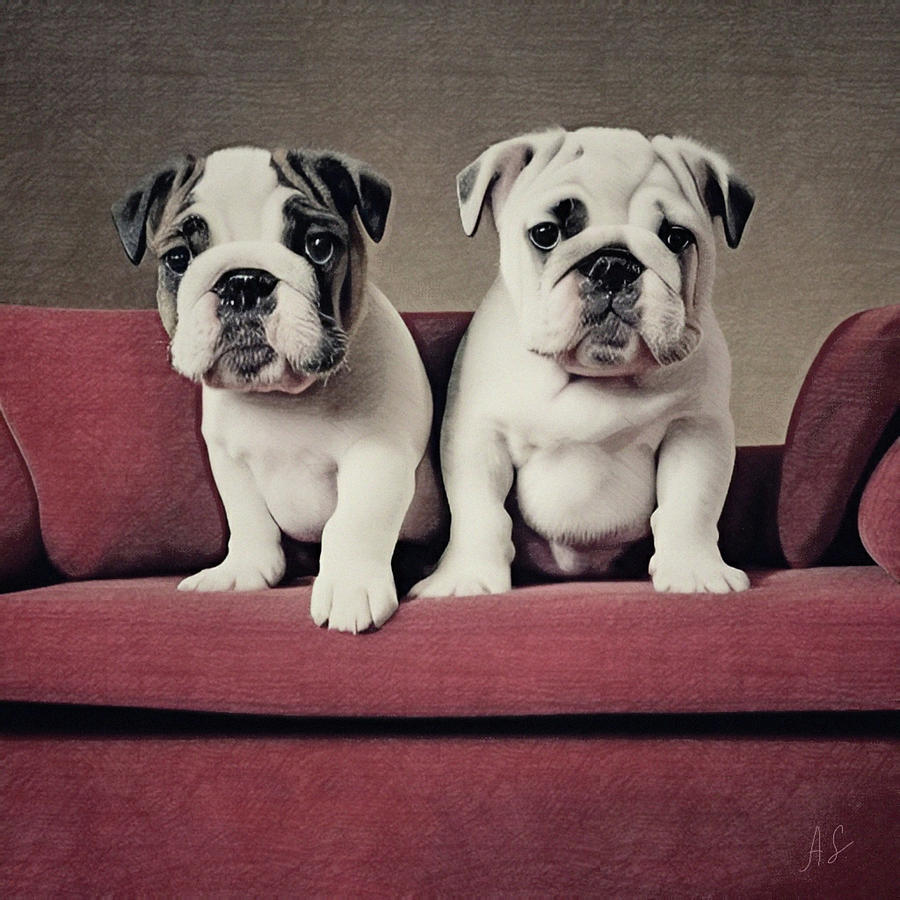 Two English Bulldog Puppies On The Sofa Mixed Media