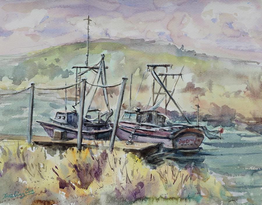 Two Fishing Boats at Alviso Marina County Park California Painting by Xueling Zou