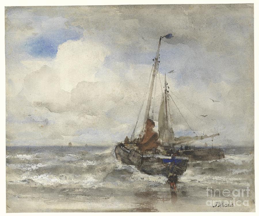Two Fishing Vessels At The Beach, Jacob Maris, 1847 - 1899 Painting