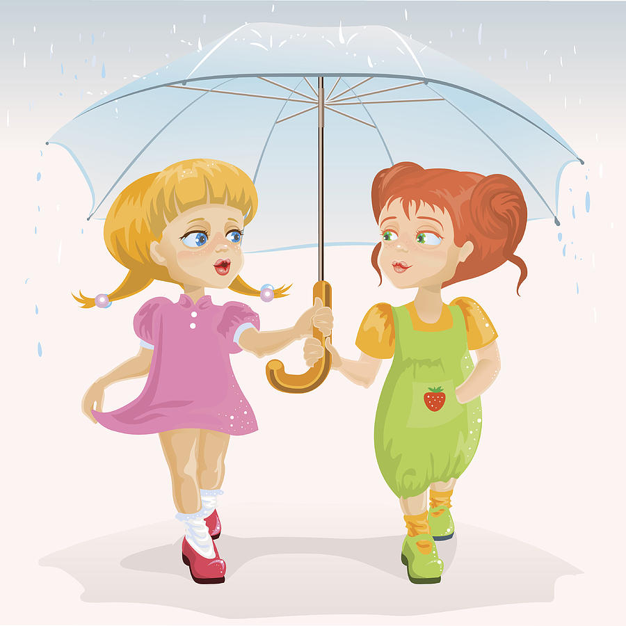 Two friends holding umbrella. Template greeting card Friendship Day Drawing by Orensila