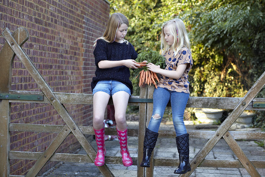 Two girls in garden holding bunch of carrots Photograph by Debby Lewis-Harrison