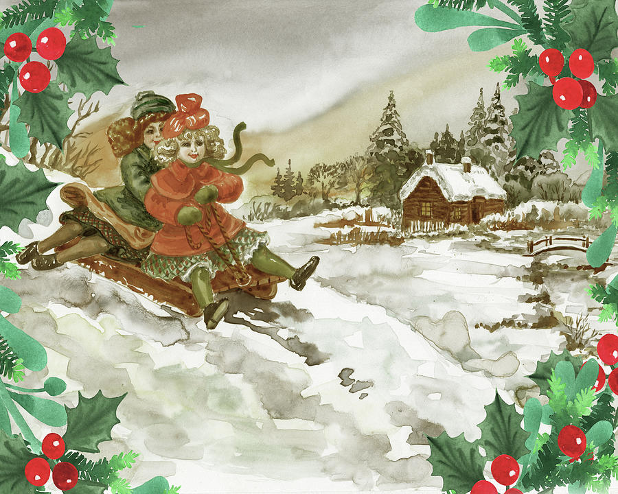 Two Girls On A Sled Vintage Christmas Watercolor Painting