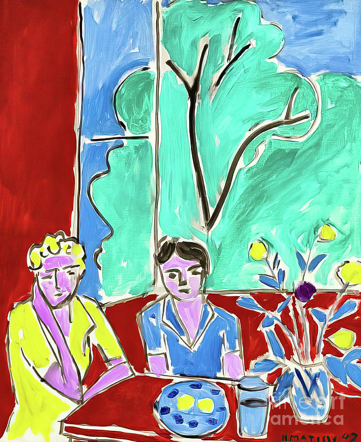 Two Girls Red and Green Background by Henri Matisse 1947 Painting by Henri Matisse