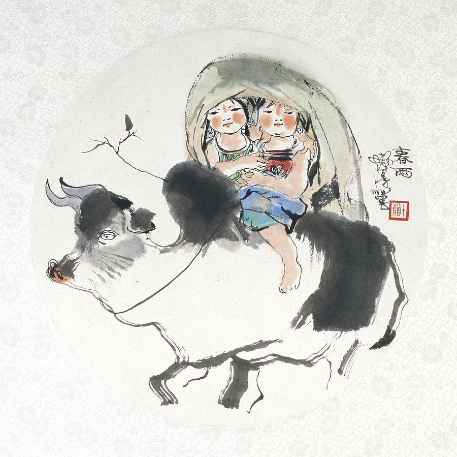 Two Girls Riding Bull Painting by Cheng Shifa