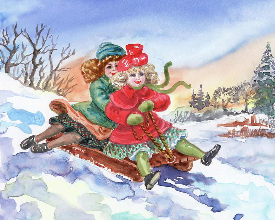 Two Girls Sledding Down The Snowy Hill Watercolor  Painting by Irina Sztukowski