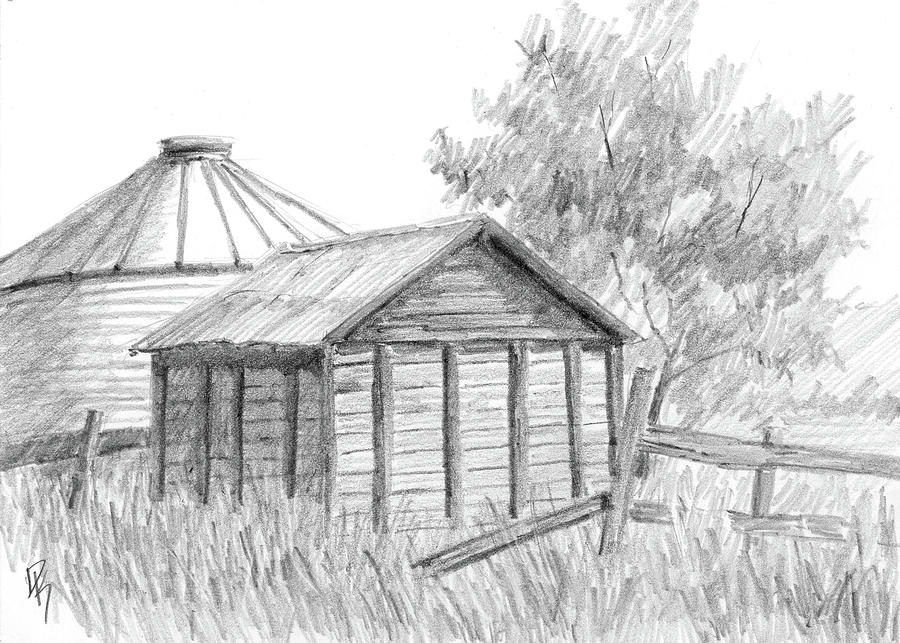 Two Granaries Sketch Drawing by David King Studio