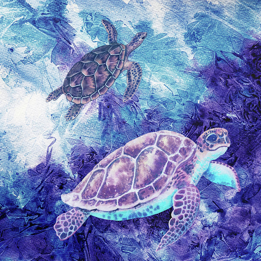Two Happy Turtles In The Blue Sea Watercolor Painting