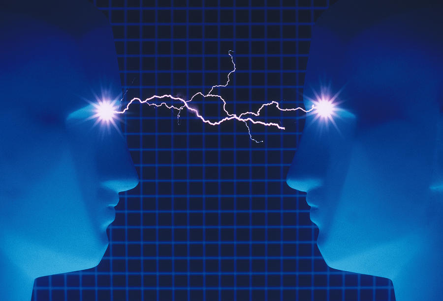 Two head sculptures with electric lightning between eyes Photograph by Grant Faint