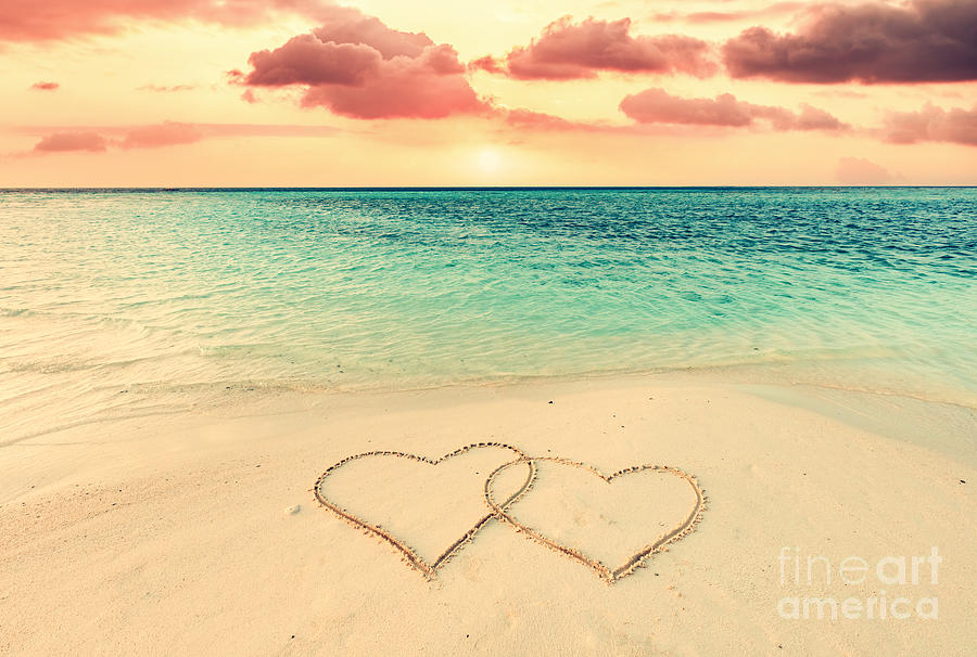 Two Hearts On Sand On Tropical Beach At Sunset. Photograph