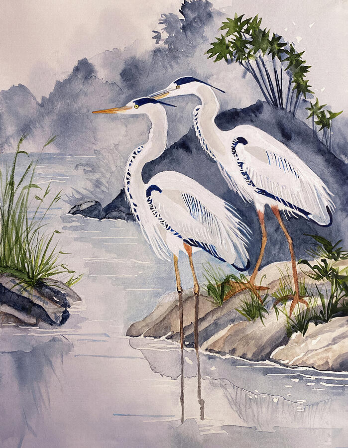 Two Heron By Waters Edge Painting by Deborah League