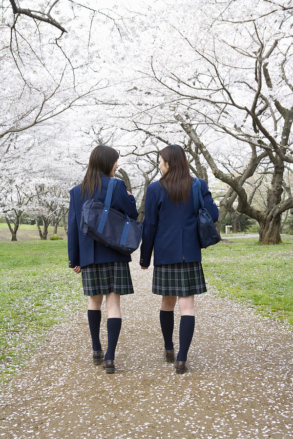 Two High School Girls on Path with Cherry Blossoms beside it Photograph by Daj