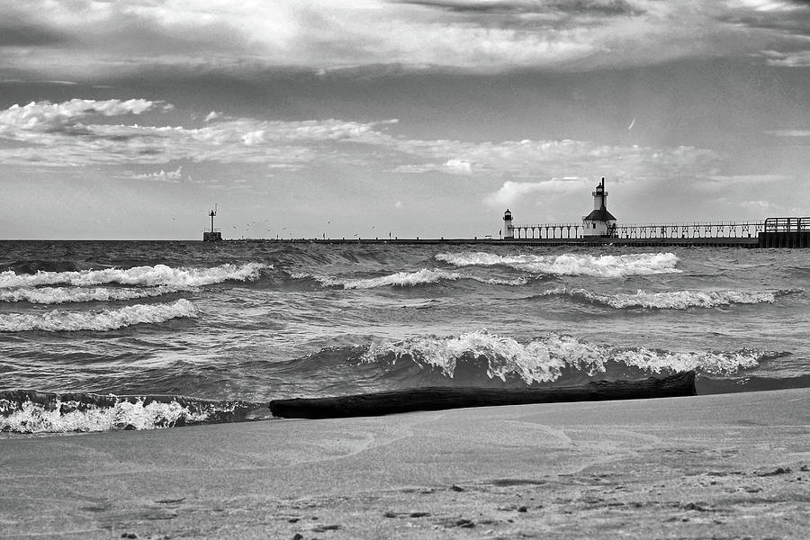 Two Historic Beacons on a Breakwater BW Photograph by Bill Swartwout