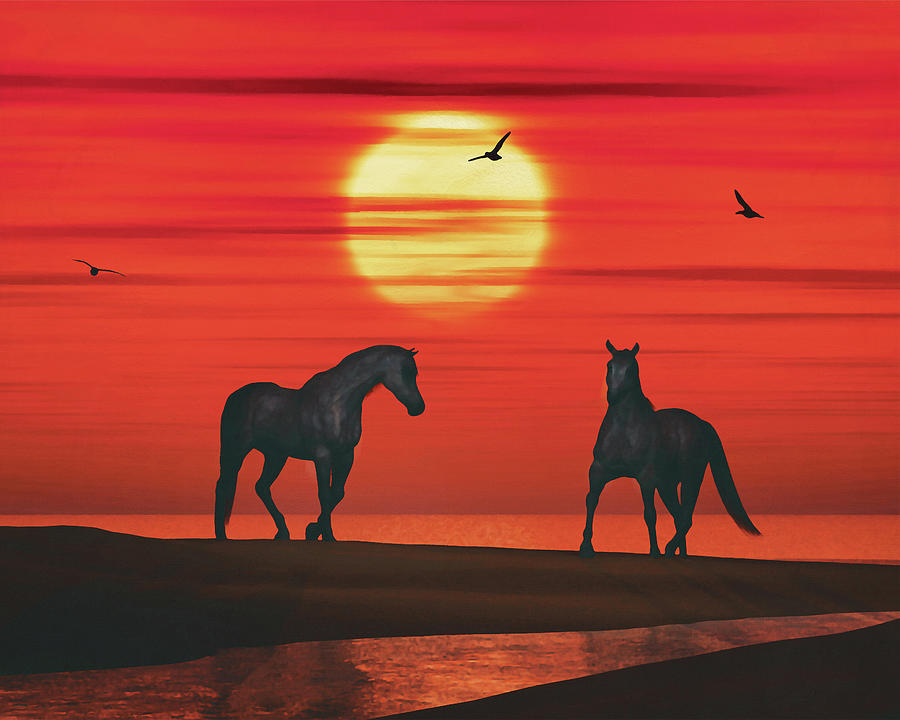 Two horses and a sunset Painting by Jan Keteleer