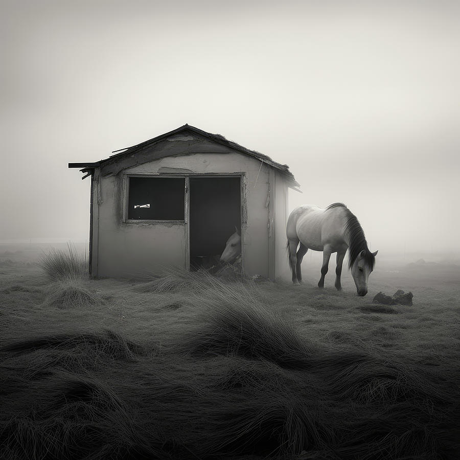 Black And White Digital Art - Two Horses and Sad Shed by YoPedro