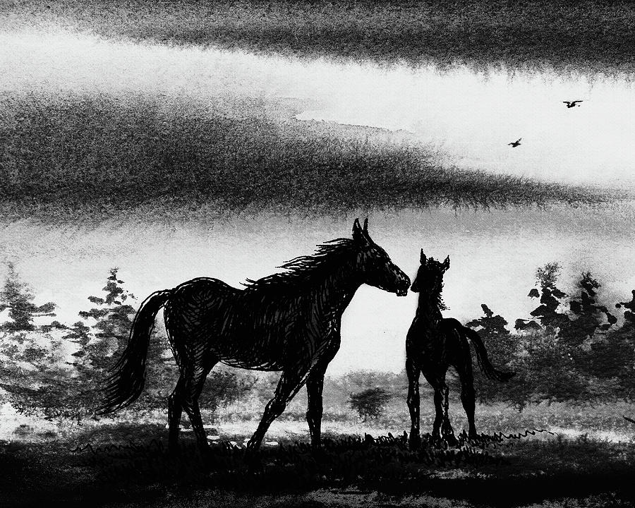 Two Horses At The Sunset Black And White Watercolor  Painting by Irina Sztukowski