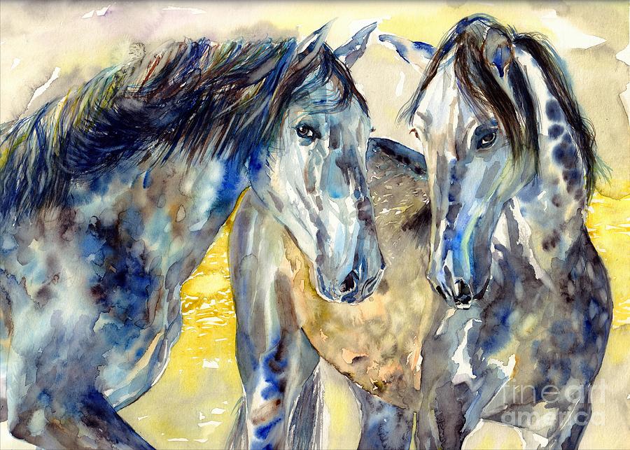 Horse Painting - Two Horses At Yellow Lake by Suzann Sines