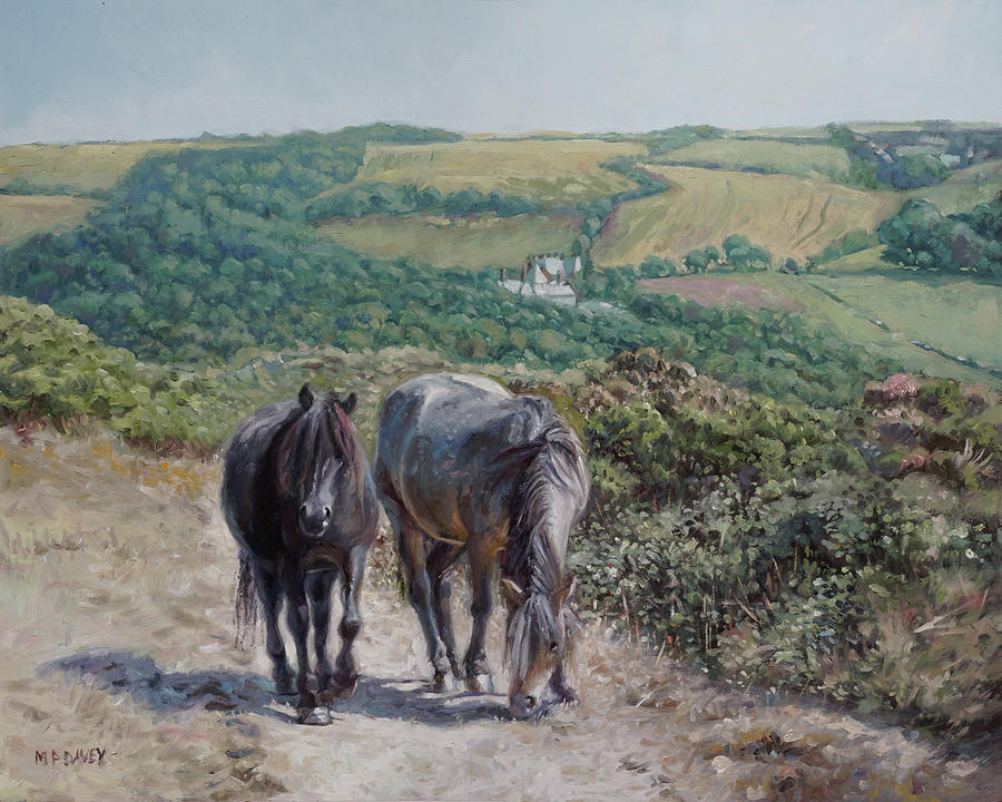 Two horses on Devon coastal path Painting by Martin Davey